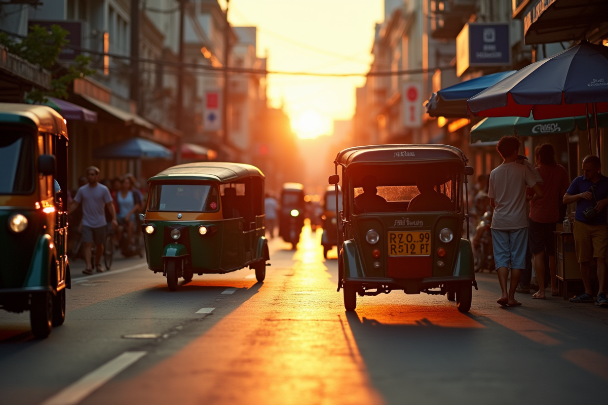 Ville de Bangkok au lever du soleil avec tuktuks et marché