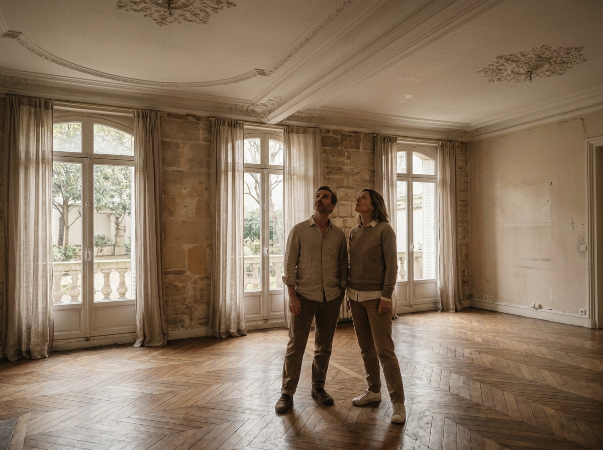 Couple visitant un appartement haussmannien de prestige à Paris avec parquet en point de Hongrie et hautes fenêtres, symbolisant l'acquisition immobilière haut de gamme