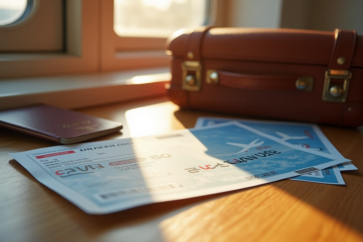 Vouchers Air France avec passeport et valise sur table ensoleillee