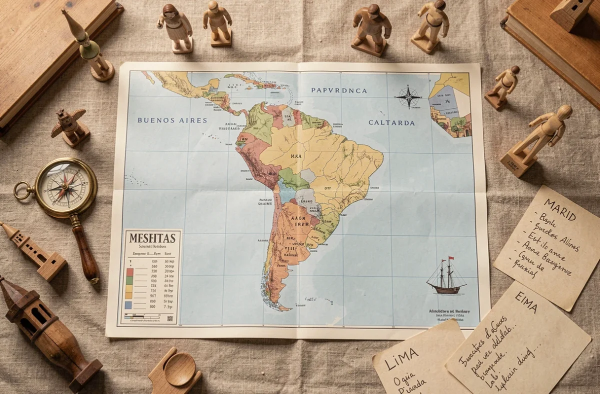 Vue aérienne d'une carte politique de l'Amérique latine et de l'Espagne avec des accessoires de voyage vintage