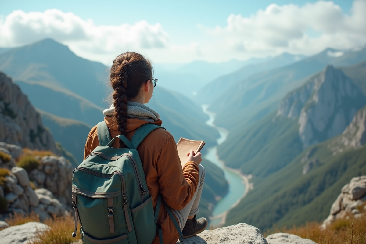 Femme voyageuse contemple une vallée depuis un rocher