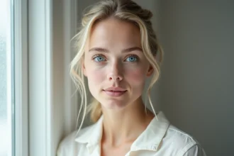 Gros plan sur les yeux bleus d'une femme nordique, illustrant la rareté et la beauté de cette couleur d'iris dans la population mondiale