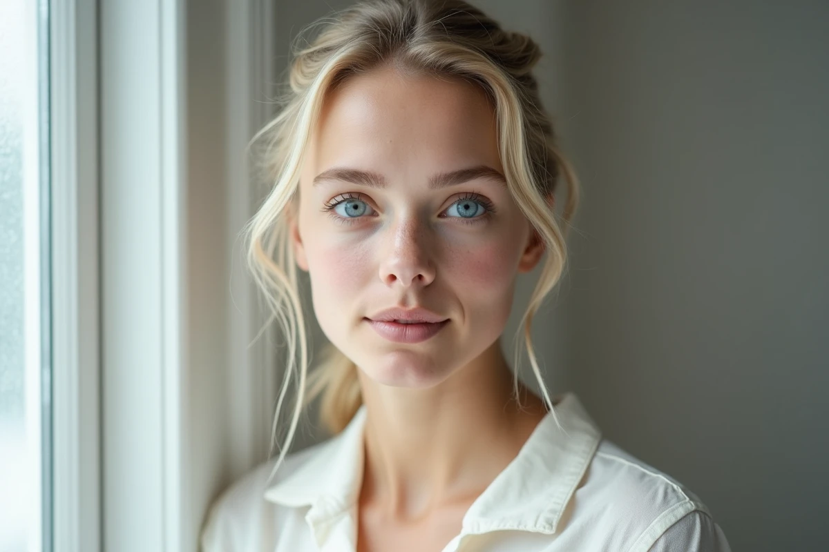 Gros plan sur les yeux bleus d'une femme nordique, illustrant la rareté et la beauté de cette couleur d'iris dans la population mondiale